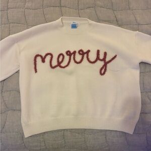 Women's Cream Sweater with Red 'Merry' Design in tinsel